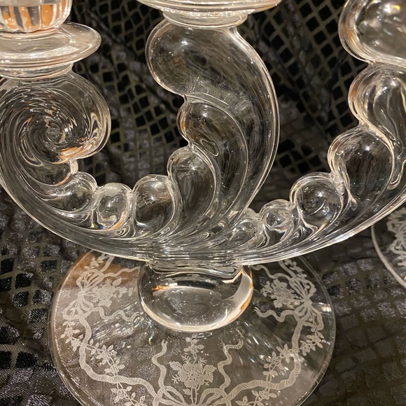 depression Glass Fostoria Romance Plume three candle holders Floral etching - Picture 4 of 5